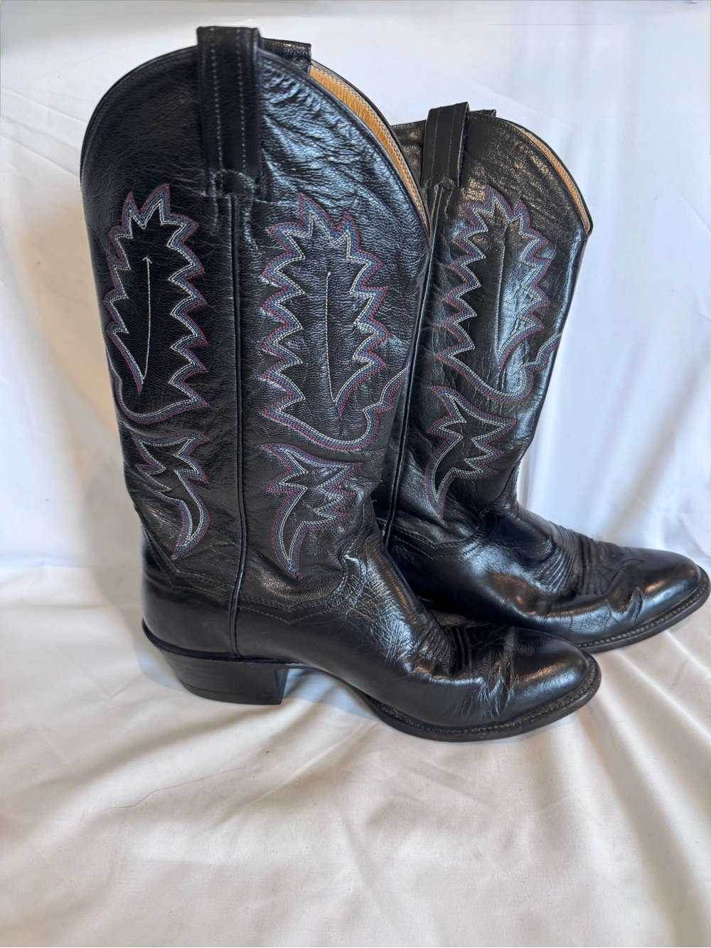 Vintage Panhandle Slim Black Leather Cowboy Boots Red White Blue Stitch Mens 8D